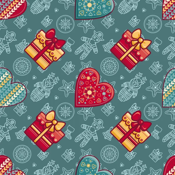 Christmas. Gift box and patterned Heart.  Seamless pattern. — Stock Vector