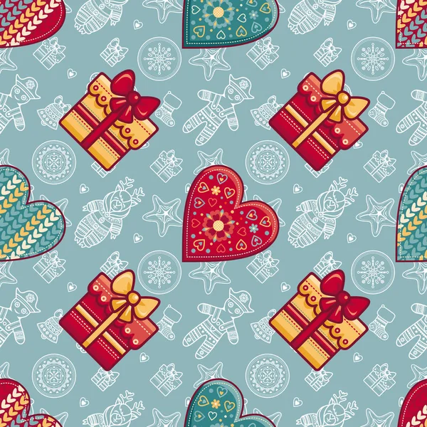 Weihnachten. Geschenkbox und gemustertes Herz. nahtloses Muster. — Stockvektor