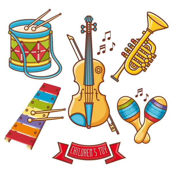 Instrumentos musicais. Brinquedos infantis. Preparado. Violino, tambor, glockenspiel, maracas , — Vetor de Stock