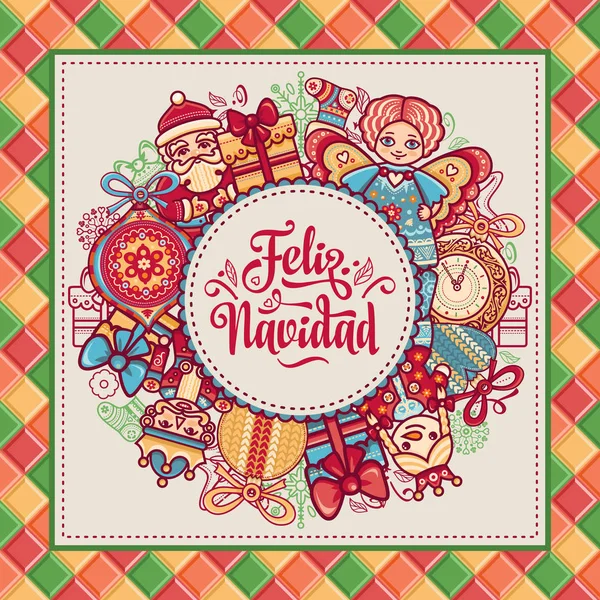 Corona de Navidad. Juguetes de invierno - Santa Claus, Cascanueces, Renos, caja de regalo, bal — Archivo Imágenes Vectoriales