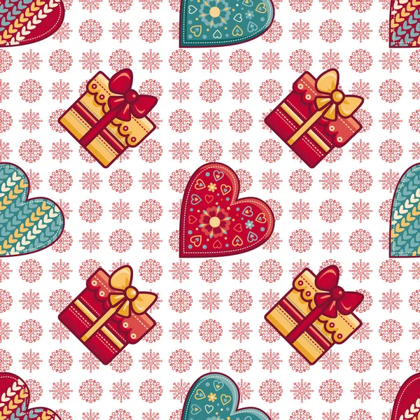 Fondo de Navidad. Corazones y caja de regalo. Patrón sin costuras. Colorido vector — Vector de stock