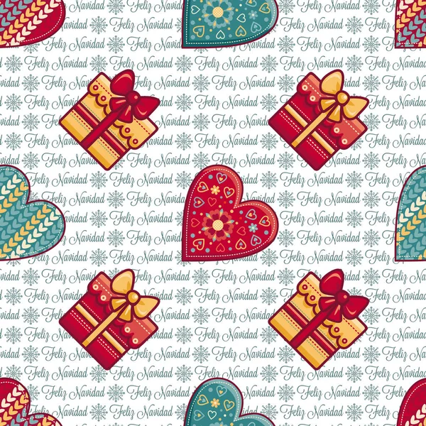 Weihnachtlicher Hintergrund. Herzen und Geschenkbox. nahtloses Muster. Bunter Vektor — Stockvektor