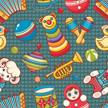 Müzikal alet takımları ve bebek oyuncak.