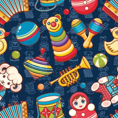 Müzikal alet takımları ve bebek oyuncak.