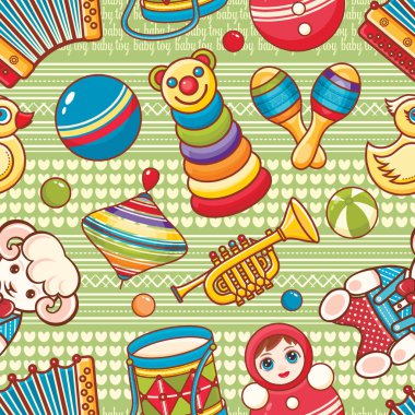 Müzikal alet takımları ve bebek oyuncak.