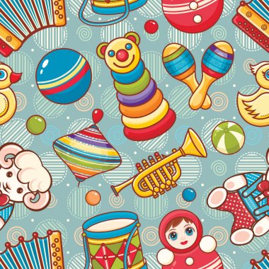 Müzikal alet takımları ve bebek oyuncak.