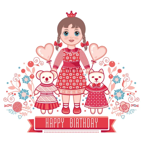 Feliz cumpleaños - tarjeta de felicitaciones para niña . — Vector de stock