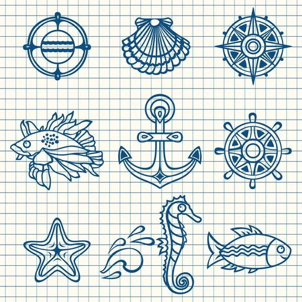 海を設定します。海と航海の装飾. — ストックベクタ