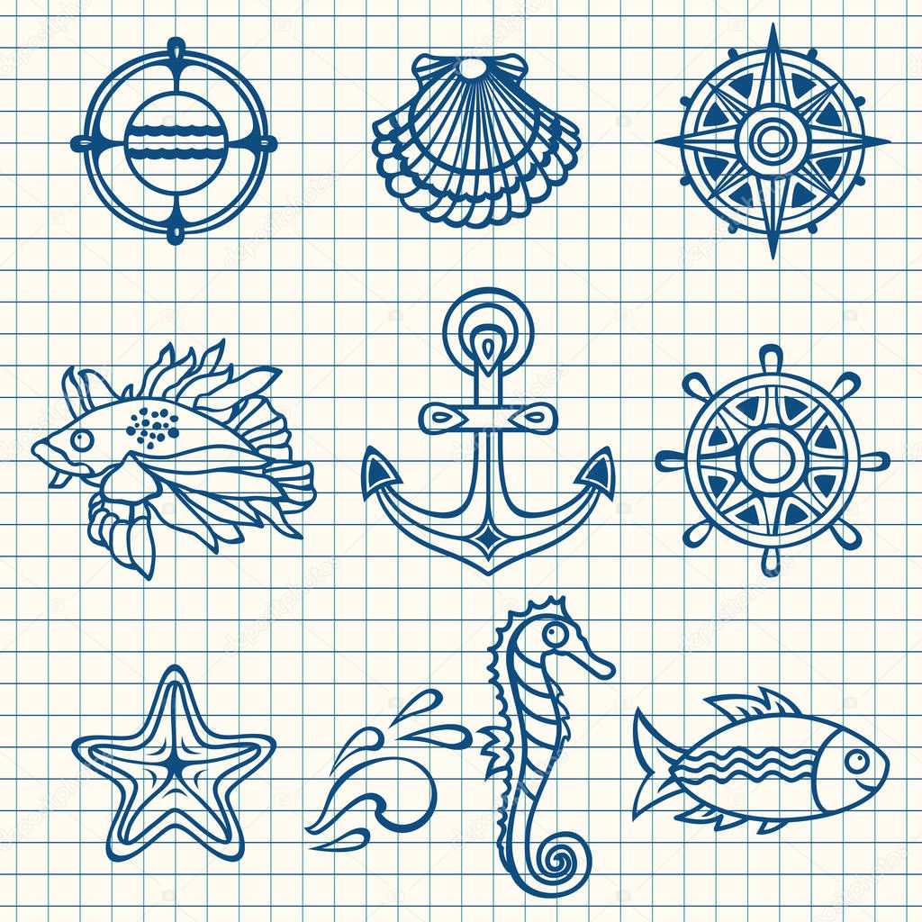 Sea set. Sea and nautical decorations. 