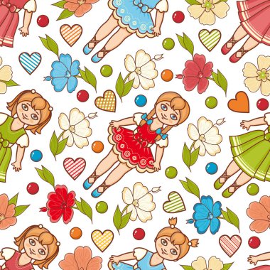 Küçük balerin ve çiçek. Karikatür tarzı. Seamless modeli. Oyuncak bebek. 