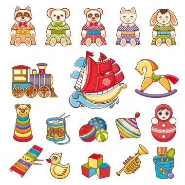  Çocuklar oyuncak seti. Bebek arka plan.