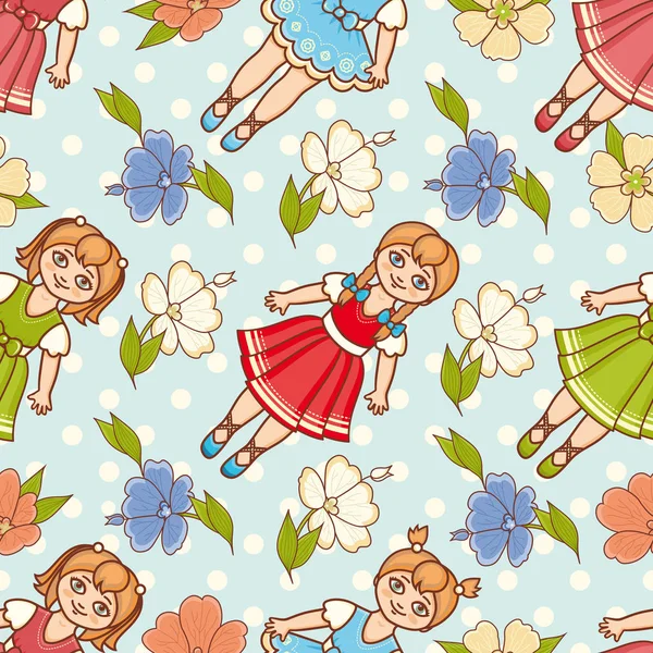 Kleine Ballerina und Blume. Cartoon-Stil. nahtloses Muster. Babypuppe. — Stockvektor