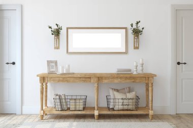Çiftlik evi girişi. Beyaz duvarın yanındaki tahta konsol masası. Çerçeve modeli. 3d hazırlayıcı.