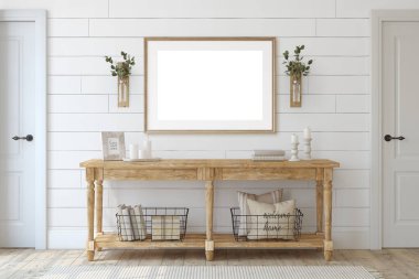 Çiftlik evi girişi. Beyaz duvarın yanındaki tahta konsol masası. Çerçeve modeli. 3d hazırlayıcı.