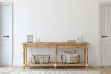 Çiftlik evi giriş yoluna. Ahşap konsol masa beyaz duvarının yakınında. İç mockup. 3D render.