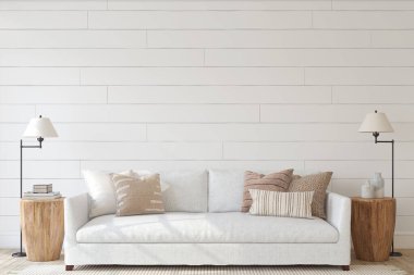 Modern living-room interior. Interior mockup. The white couch near empty shiplap wall. 3d render. clipart