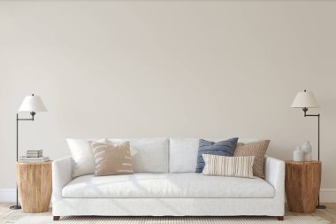 Sahil tarzında modern oturma odası. İç modelleme. 3d hazırlayıcı.