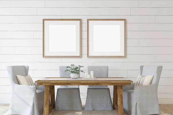 Modern dining-room with two square frames on the wall. Interior and frame mockup. 3d render.