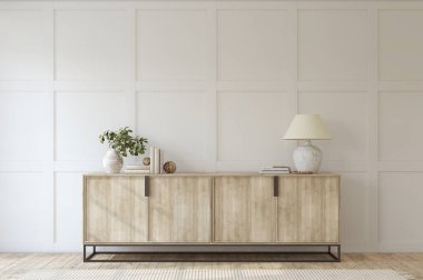 Modern giriş yolu. Yan tahtası boş beyaz panel duvarının yanında. İç modelleme. 3d hazırlayıcı.