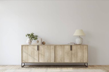 Modern entryway. Sideboard near empty white wall. Interior mockup. 3d render. clipart