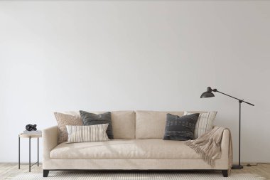Modern oturma odasının içi. İç modelleme. Boş beyaz duvarın yanındaki bej kanepe. 3d hazırlayıcı.