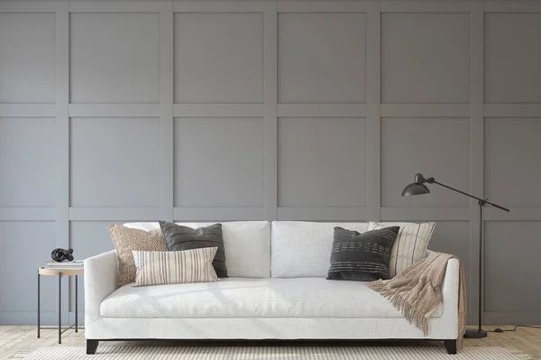 Modern Oturma Odasının Içi Modelleme Boş Gri Panel Duvarın Yanındaki — Stok fotoğraf