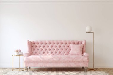 Pembe kanepeli romantik oturma odası. İç modelleme. 3d hazırlayıcı.