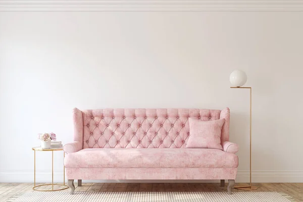 Romantic living room with the pink couch. Interior mockup. 3d render.