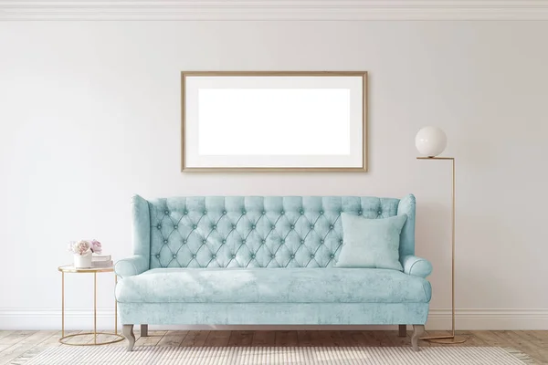 Sala Estar Romântica Com Sofá Azul Interior Frame Mockup Renderização — Fotografia de Stock