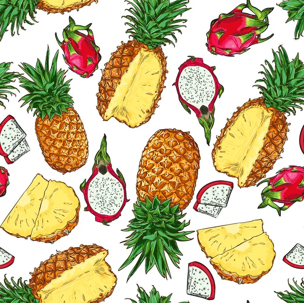 Sömlös vektor ananas och draken frukt mönster — Stock vektor