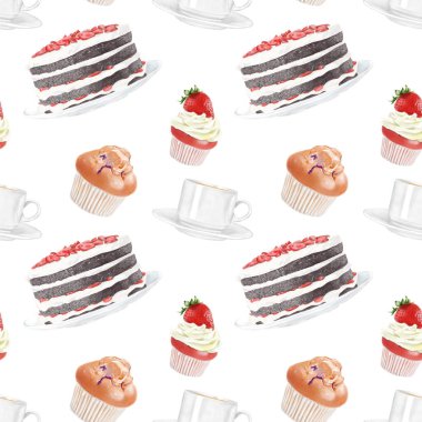 Sorunsuz suluboya çay ve kek desen