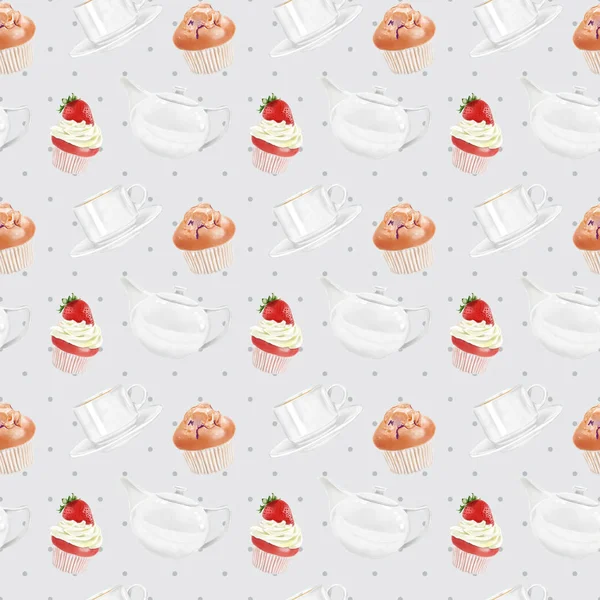 Varrat nélküli akvarell Tea és sütemények minta — Stock Fotó