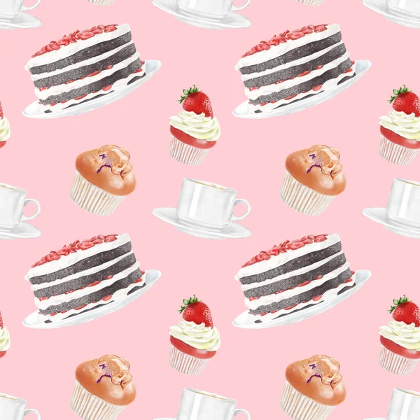 원활한 수채화 차와 케이크 패턴 — 스톡 사진