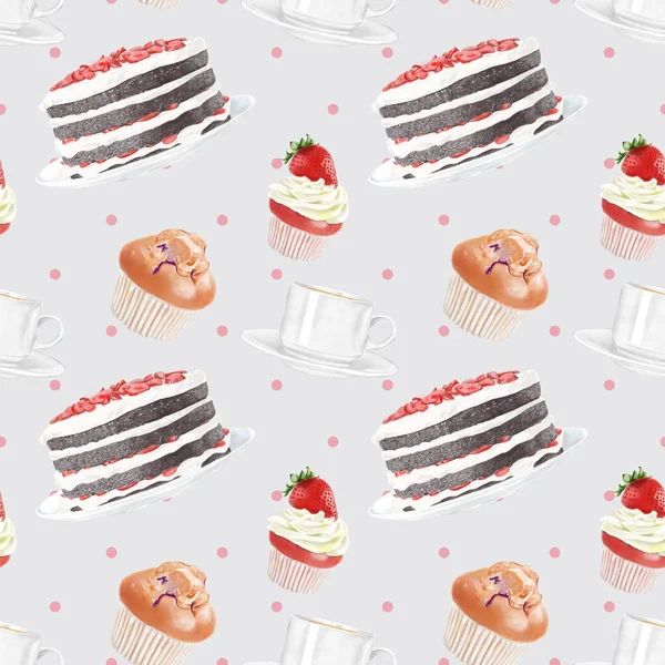 원활한 수채화 차와 케이크 패턴 — 스톡 사진