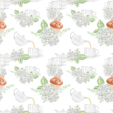 Sorunsuz suluboya çay ve kek desen