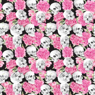 Sorunsuz suluboya kafatası Peonies desenli