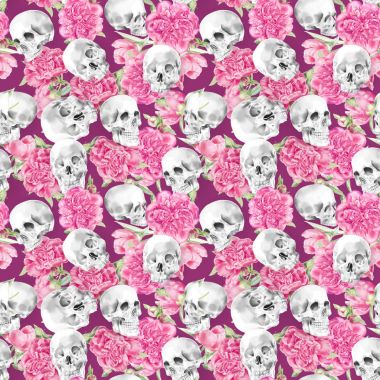 Sorunsuz suluboya kafatası Peonies desenli