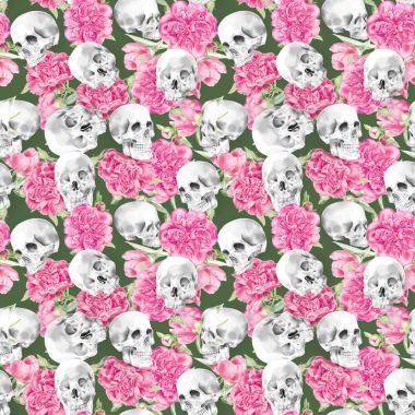 Sorunsuz suluboya kafatası Peonies desenli