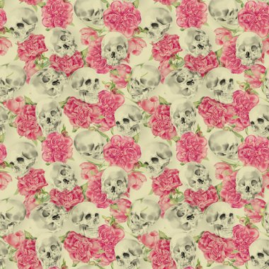 Sorunsuz suluboya kafatası Peonies desenli