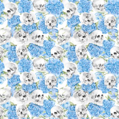 Sorunsuz suluboya kafatası Peonies desenli