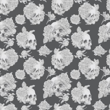 Sorunsuz suluboya kafatası Peonies desenli