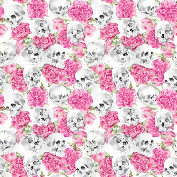 Sorunsuz suluboya kafatası Peonies desenli