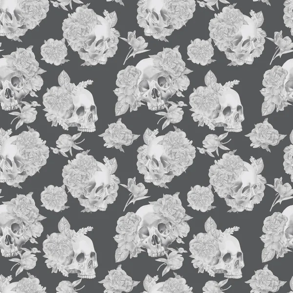 Sorunsuz suluboya kafatası Peonies desenli