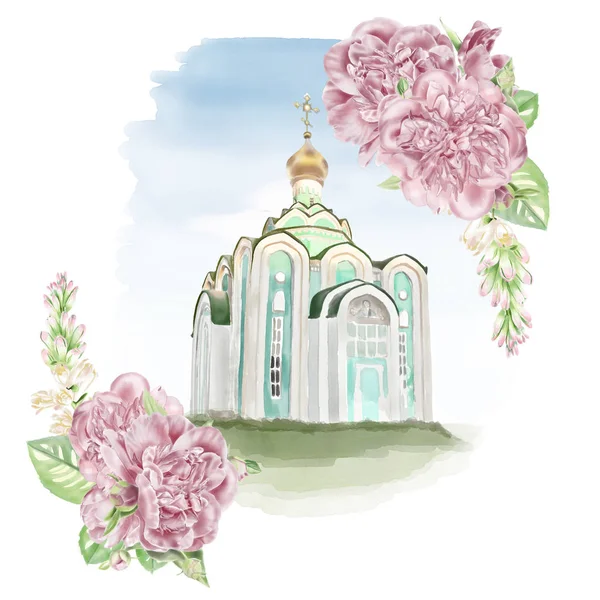 Aquarell orthodoxe Kirche mit Blumen — Stockfoto