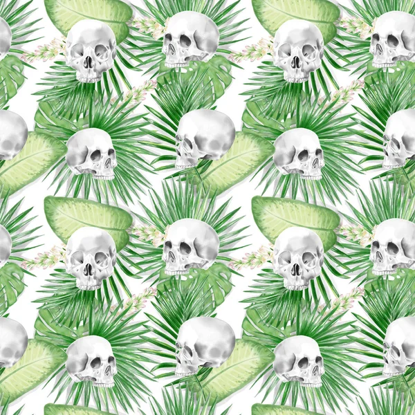 나뭇잎 패턴으로 원활한 수채화 두개골 — 스톡 사진