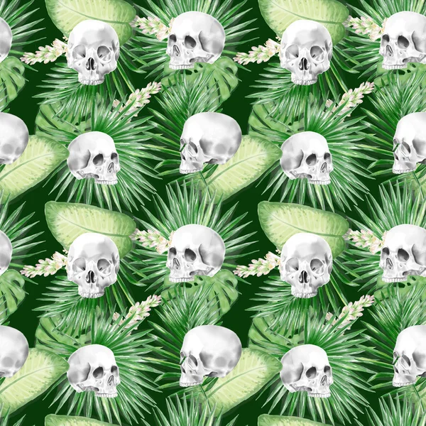Seamless Watercolor Skull With Leaves Pattern
