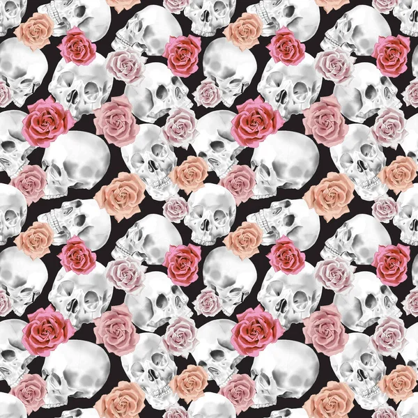 Seamless Watercolor Skull With Roses Pattern