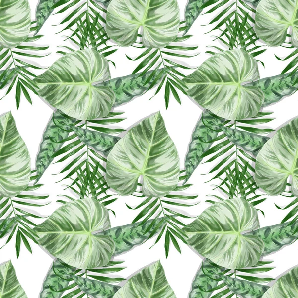 Seamless Watercolor Exotic Leaves Pattern — Stock Photo, Image