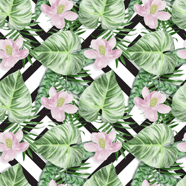 Seamless Watercolor Exotic Leaves With Flowers Pattern — Stock Photo, Image