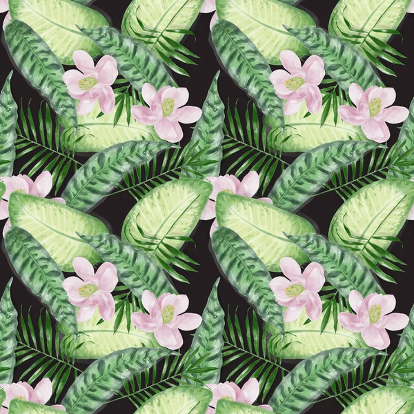 Sömlös akvarell exotiska blad med blommor mönster — Stockfoto